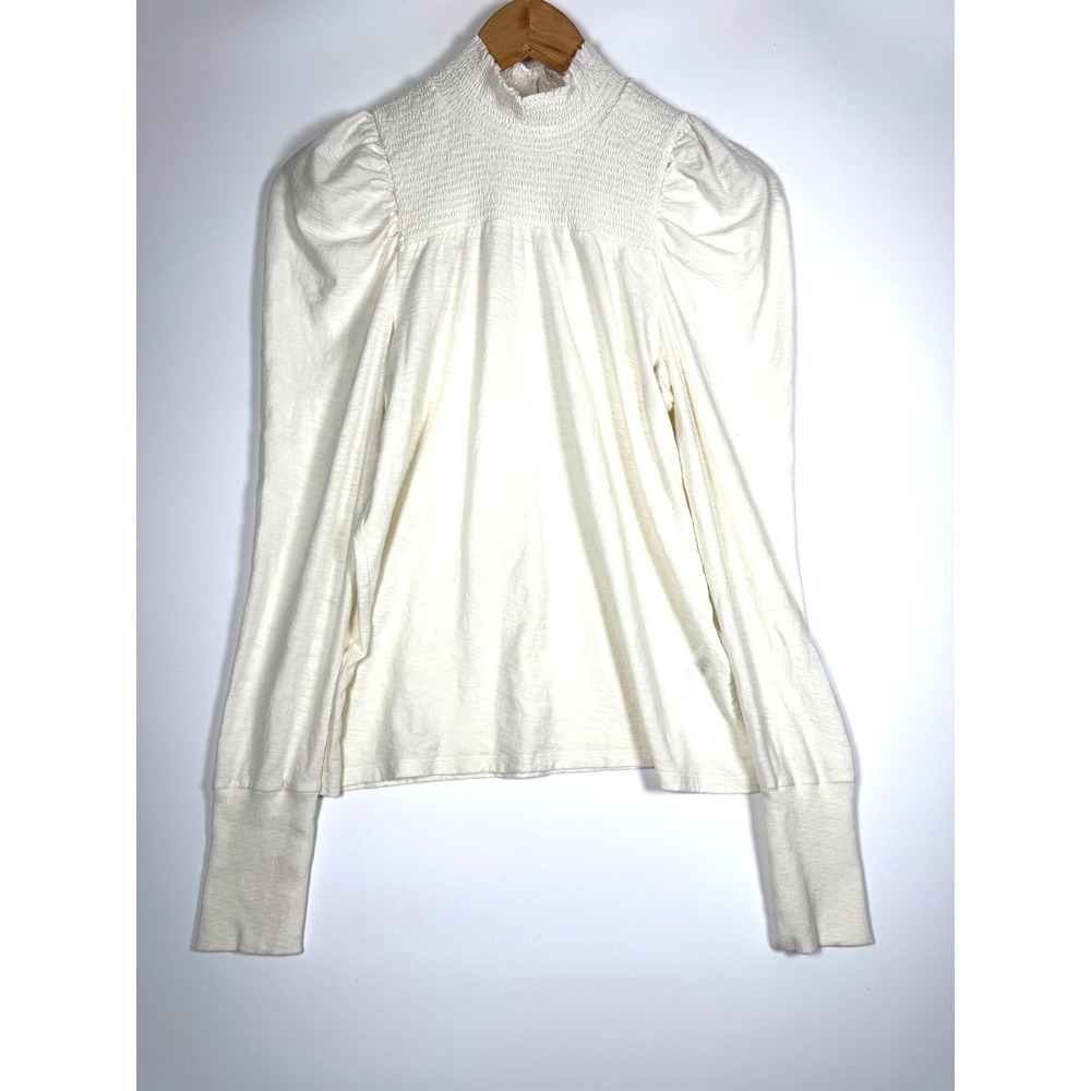 Nation LTD Top Womens Large Ivory Pima Cotton Smocked Neck Puff Sleeve Blouse